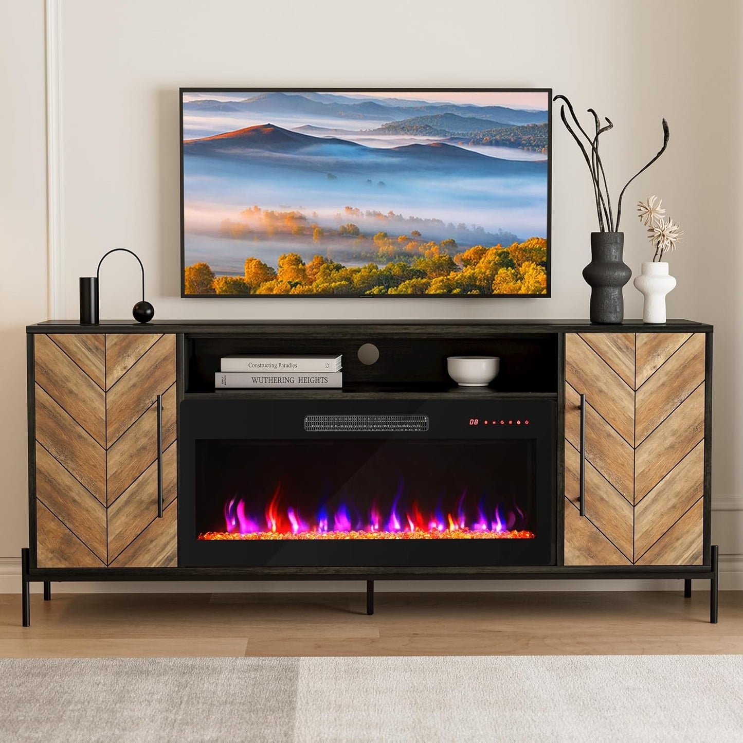 68" TV Stand with 36" Electric Fireplace Heater, Entertainment Center