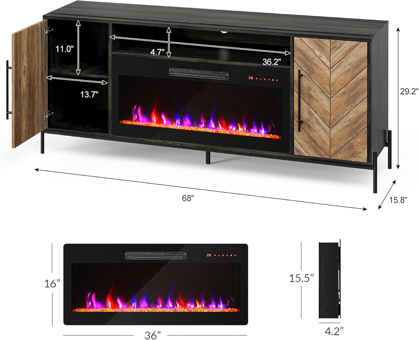 68" TV Stand with 36" Electric Fireplace Heater, Entertainment Center