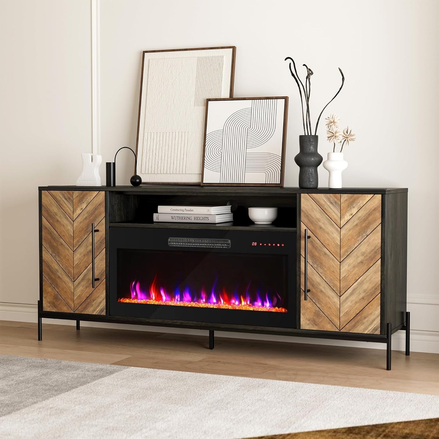 68" TV Stand with 36" Electric Fireplace Heater, Entertainment Center