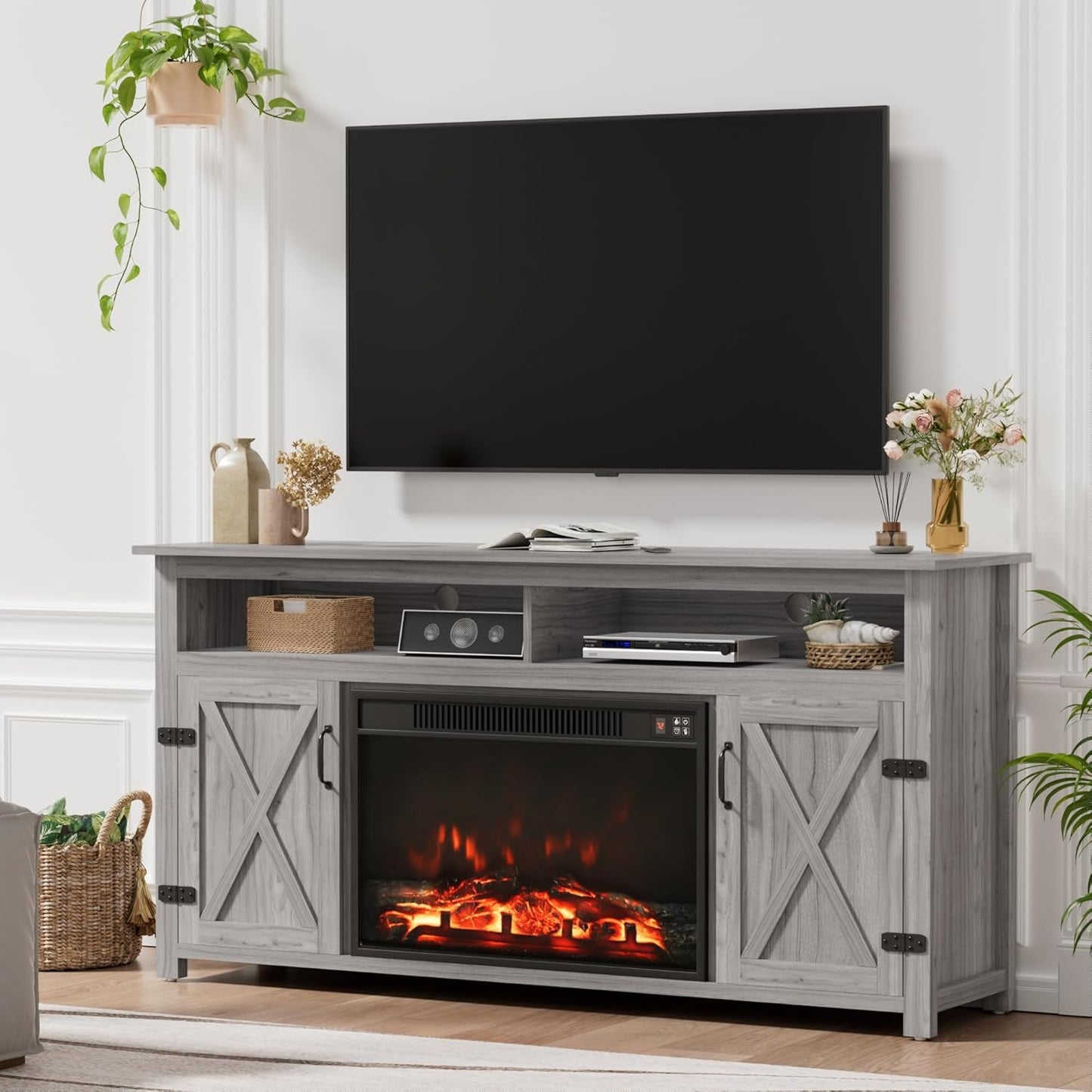 Farmhouse Fireplace TV Stand for Tvs up to 65 Inch Highboy